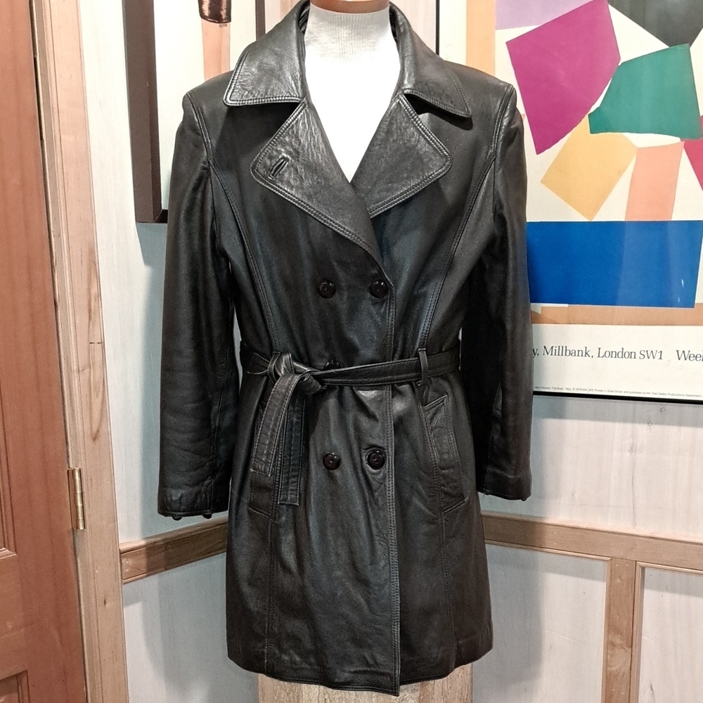 Valentino Black Leather Double-Breasted trench coat XL